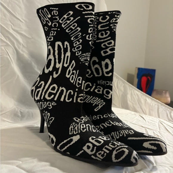 Black Balenciaga Sock Boots with Brand Name in White - Picture 2 of 7